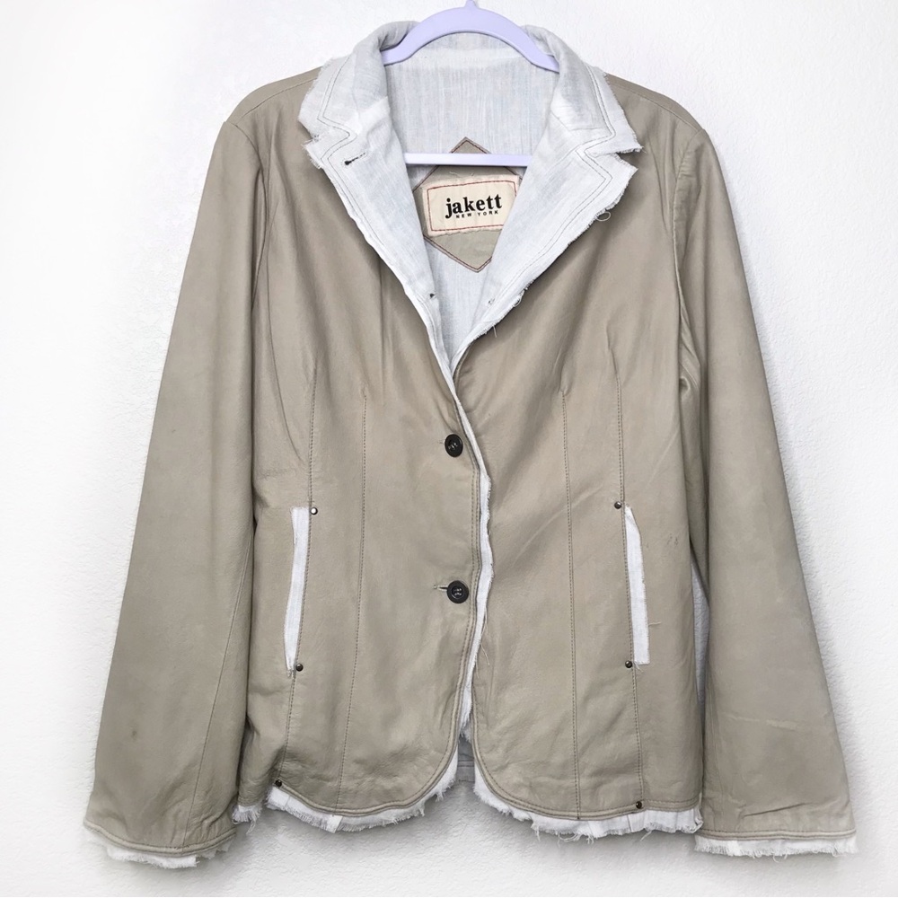 JAKETT Taupe Leather Jacket/Blazer White Raw Cotton Edging